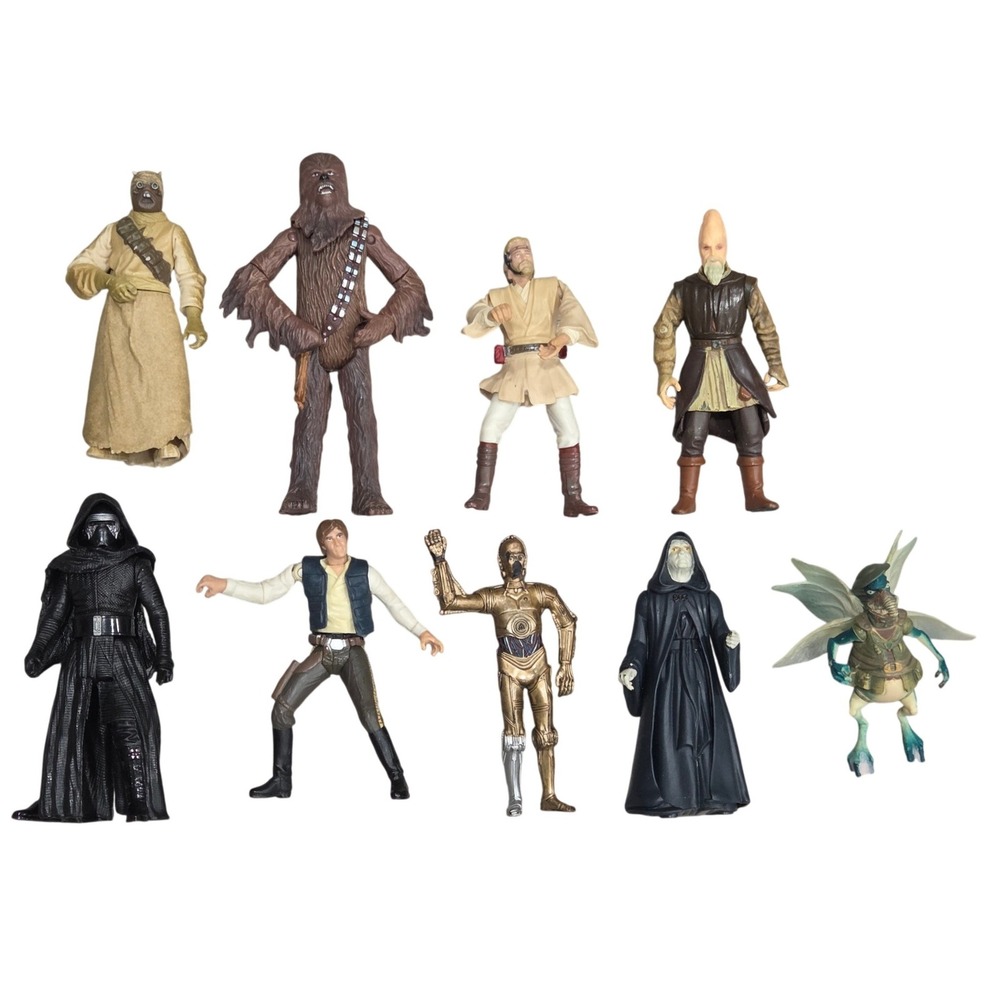 (LOT 9) Star Wars Action Figures 4" Chewbacca Han Solo C3PO Darth ObiWan Watto